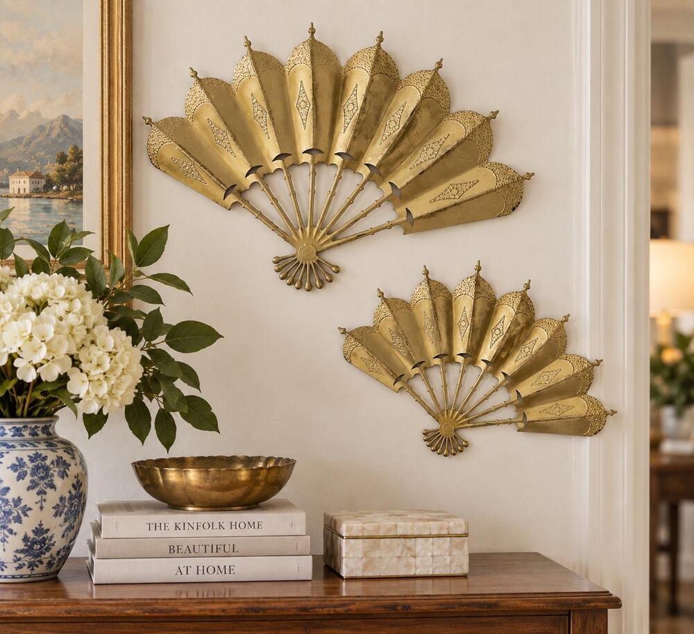 Vintage Brass Fan Wall Decor Set of 2: Hollywood Regency Asian Style